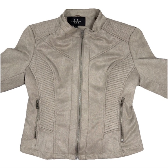 LA Coalition Womens Full Zip Vegan Faux Suede Moto Taupe Beige Jacket Large - Picture 3 of 14
